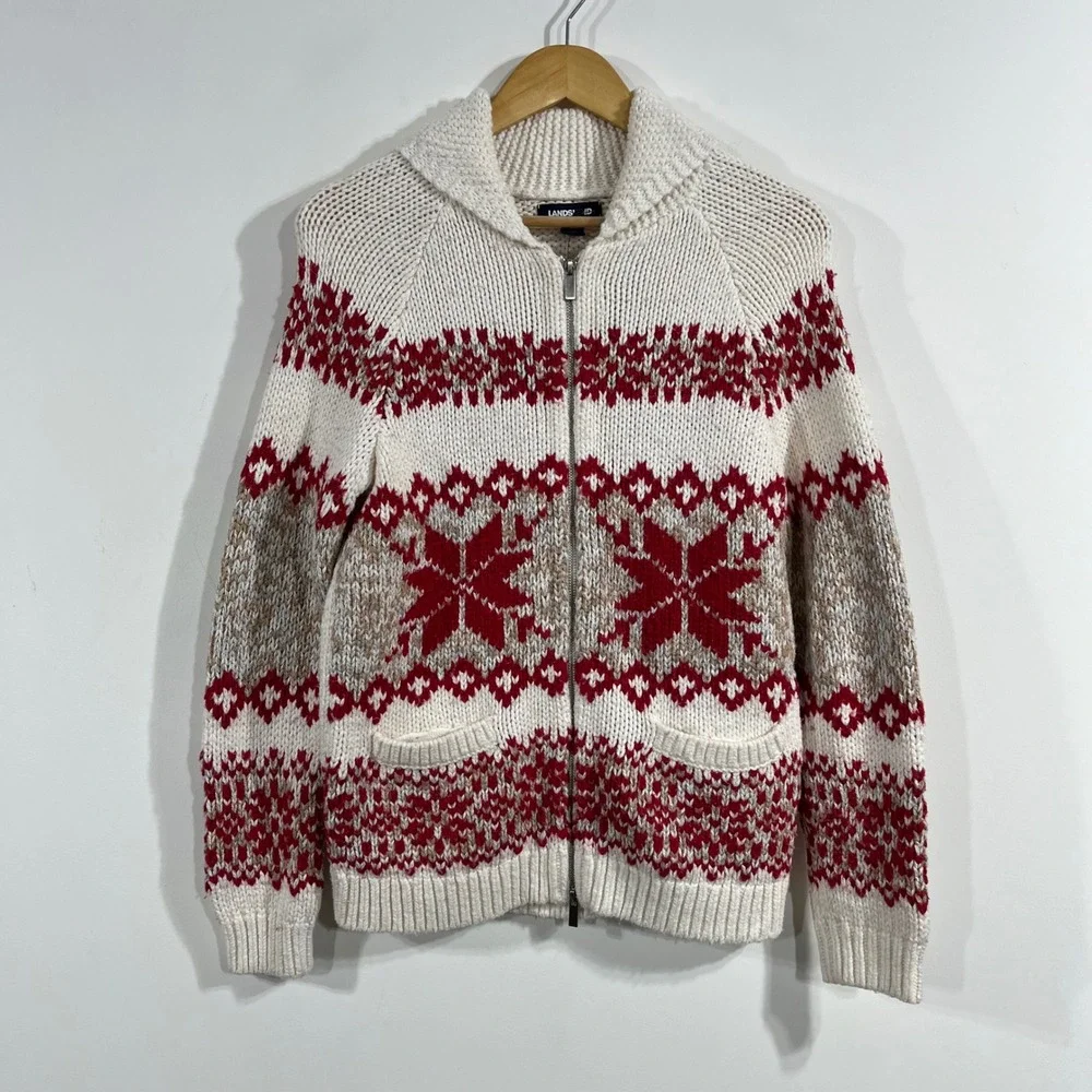 Lands End Womens Fair Isle Reindeer Zip Front Cardigan Sweater Small Nordic Ski